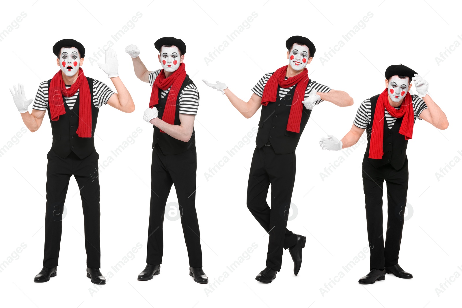 Image of Funny mime posing on white background, set of photos