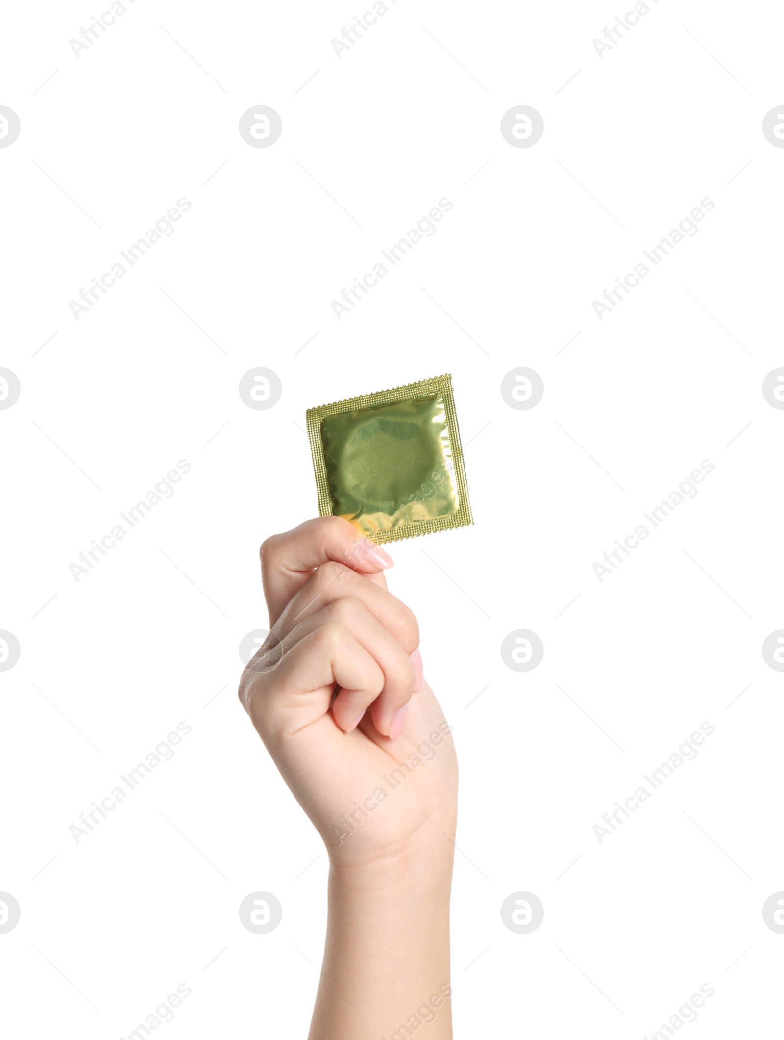 Photo of Woman holding condom on white background, closeup