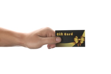 Photo of Man with gift card on white background, closeup