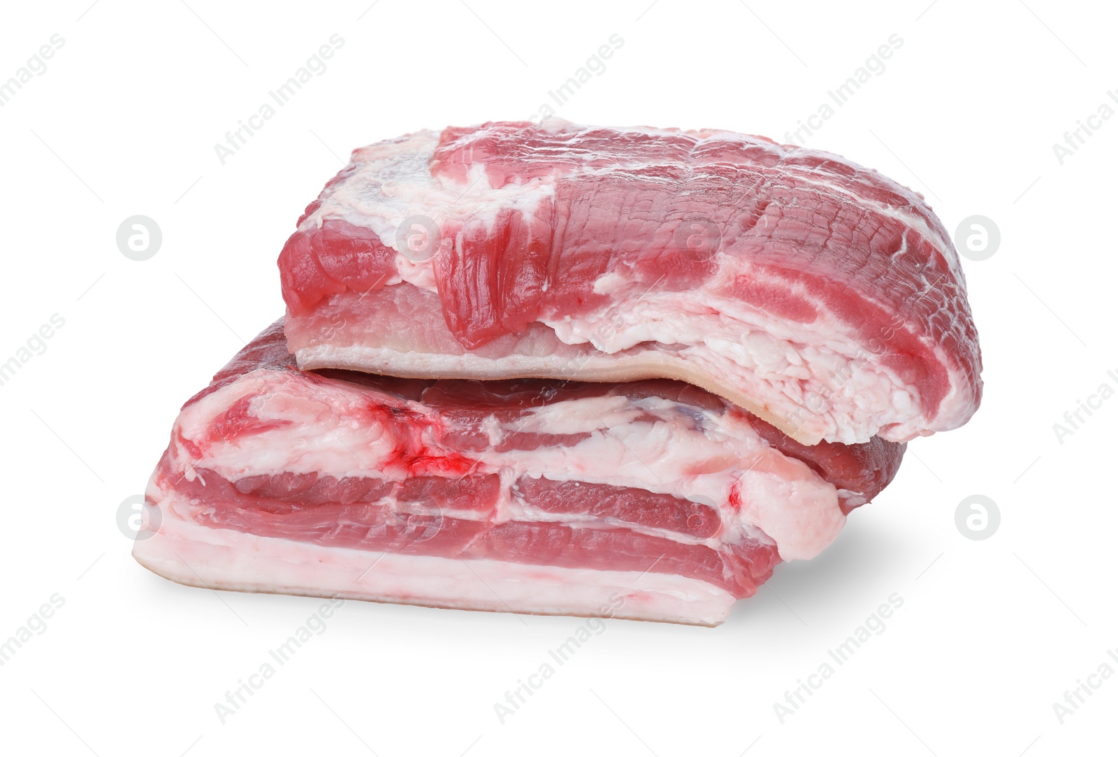 Photo of Pieces of raw pork belly isolated on white