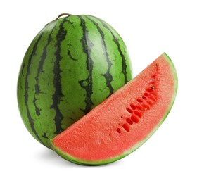 Photo of Tasty whole and cut watermelon on white background