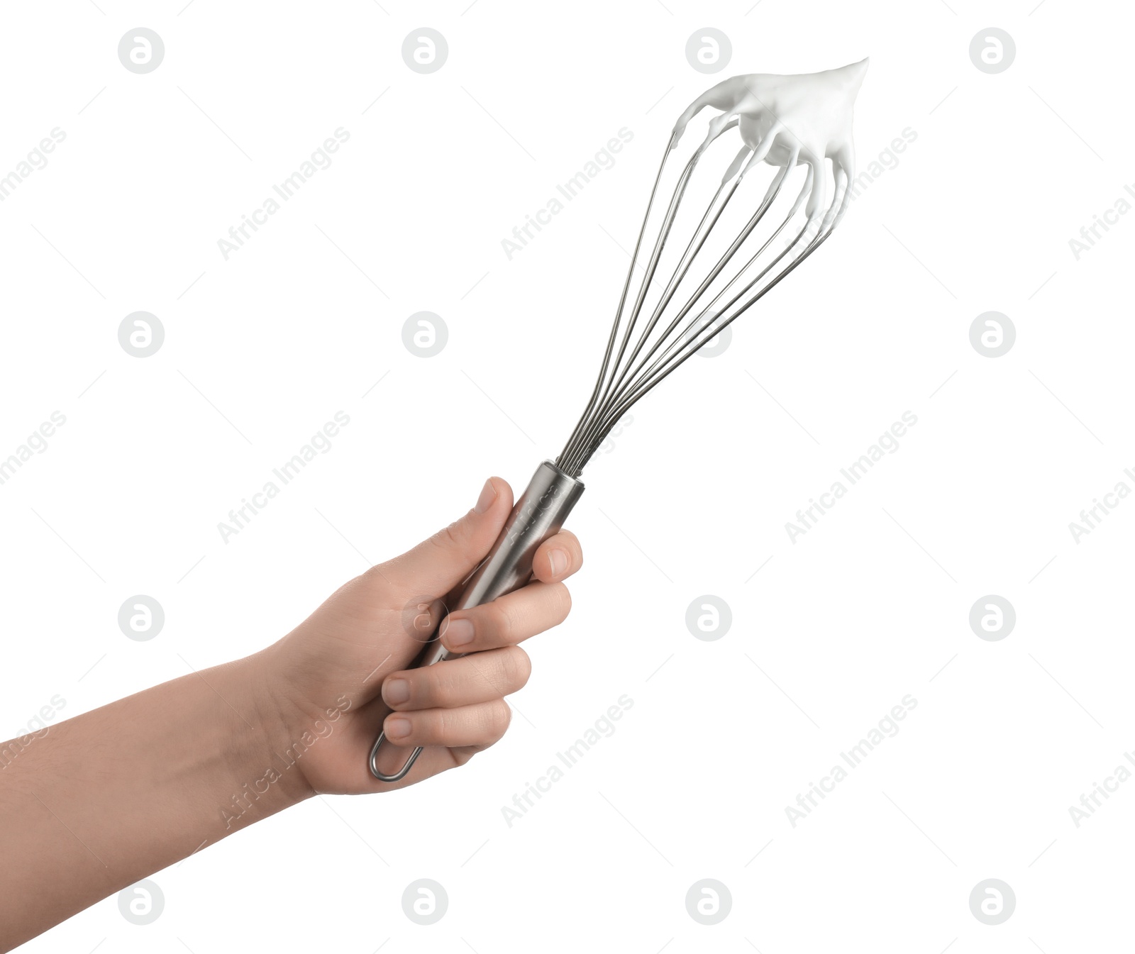 Photo of Woman holding whisk with whipped cream on white background, closeup