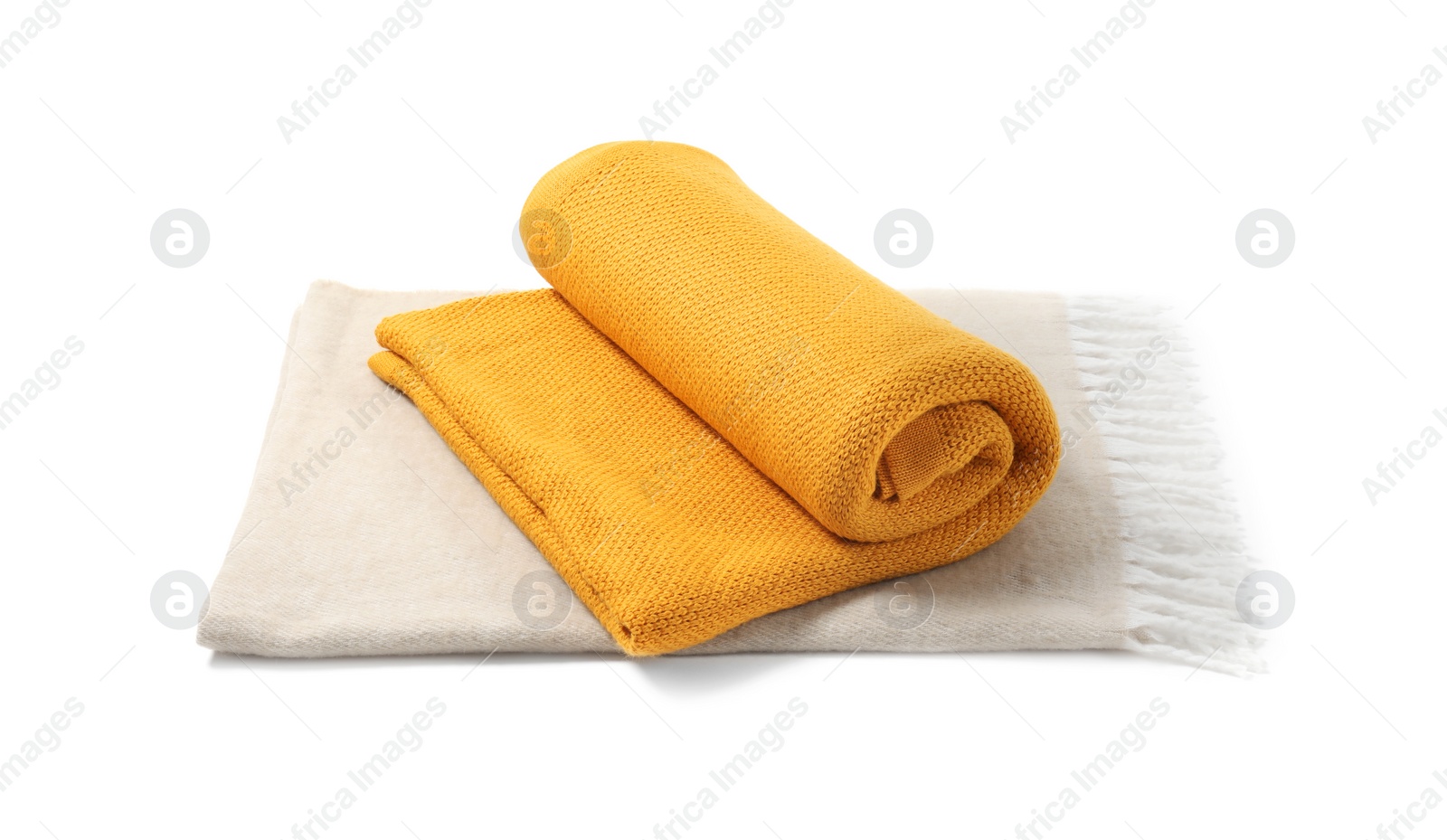 Photo of Two soft warm blankets isolated on white