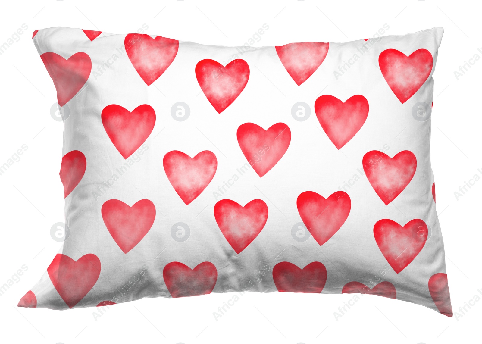 Image of Soft pillow with printed red hearts isolated on white