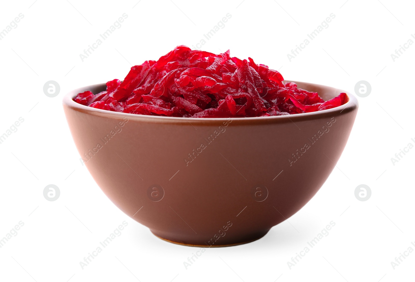 Photo of Bowl of grated red beet on white background