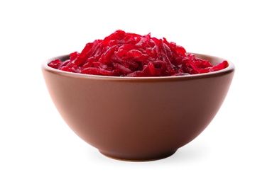 Photo of Bowl of grated red beet on white background