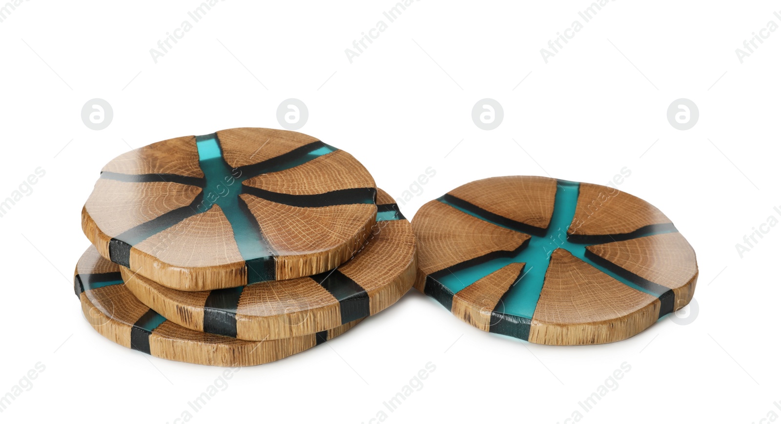 Photo of Stylish wooden cup coasters on white background