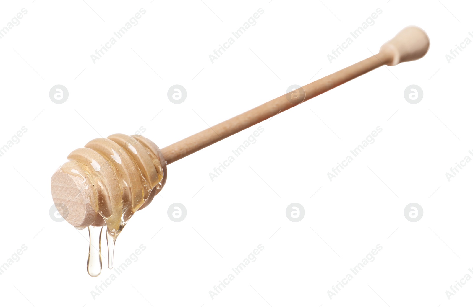 Photo of Natural honey dripping from dipper on white background