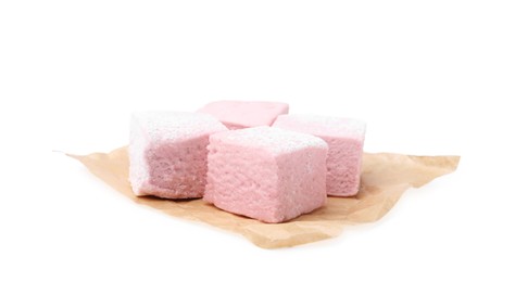 Photo of Delicious sweet marshmallows with powdered sugar isolated on white