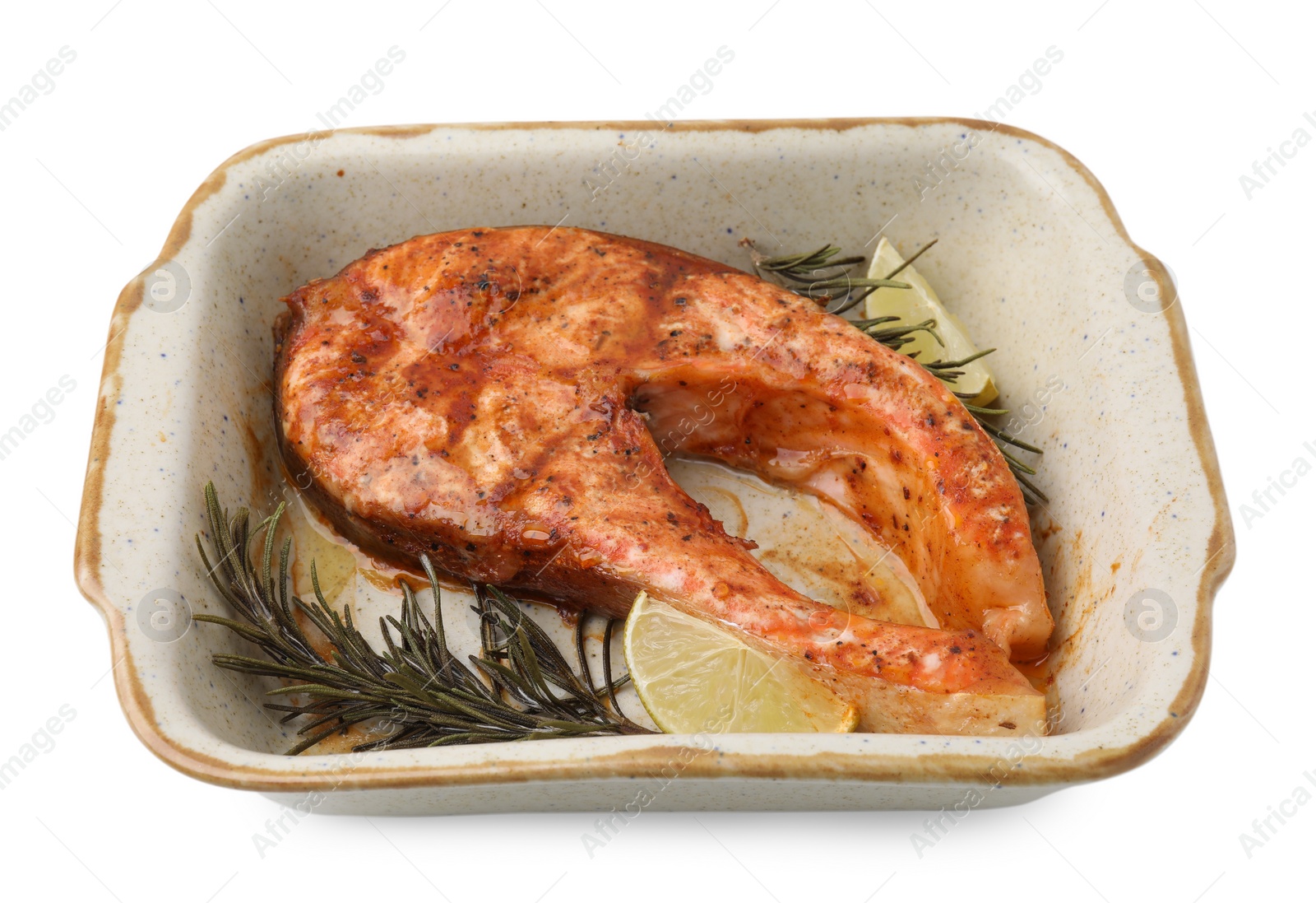 Photo of Freshly cooked fish, lime and rosemary isolated on white