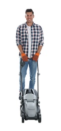 Man with modern lawn mower on white background