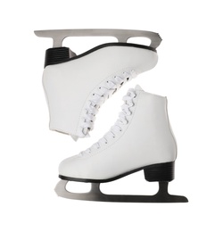 Photo of Pair of figure ice skates isolated on white, top view