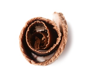 Photo of Curl of tasty chocolate on white background