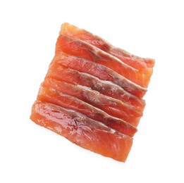 Photo of Tasty sashimi (slices of fresh raw salmon) isolated on white, top view