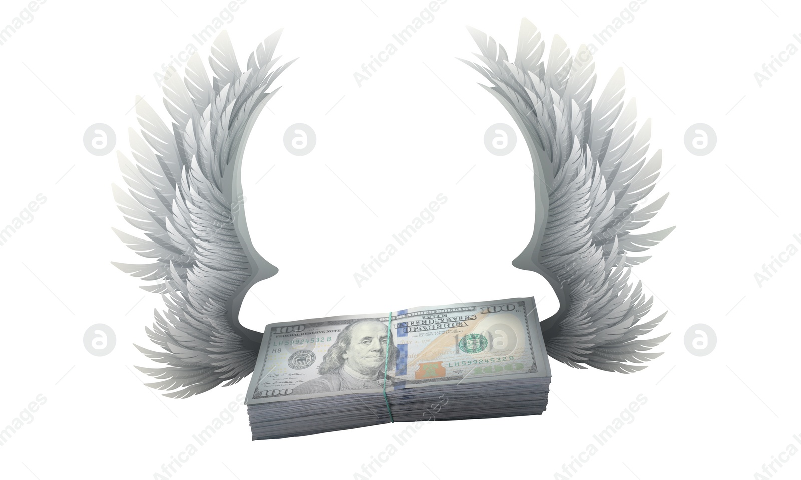 Image of One hundred dollar banknotes with wings on white background