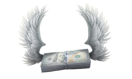 Image of One hundred dollar banknotes with wings on white background
