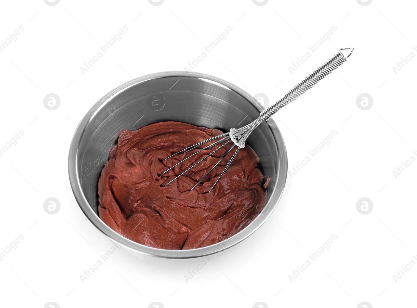 Photo of Whisk in bowl with chocolate cream on white background