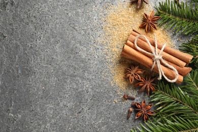 Photo of Different spices and fir branches on gray table, flat lay. Space for text