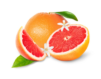 Image of Whole and cut grapefruits on white background
