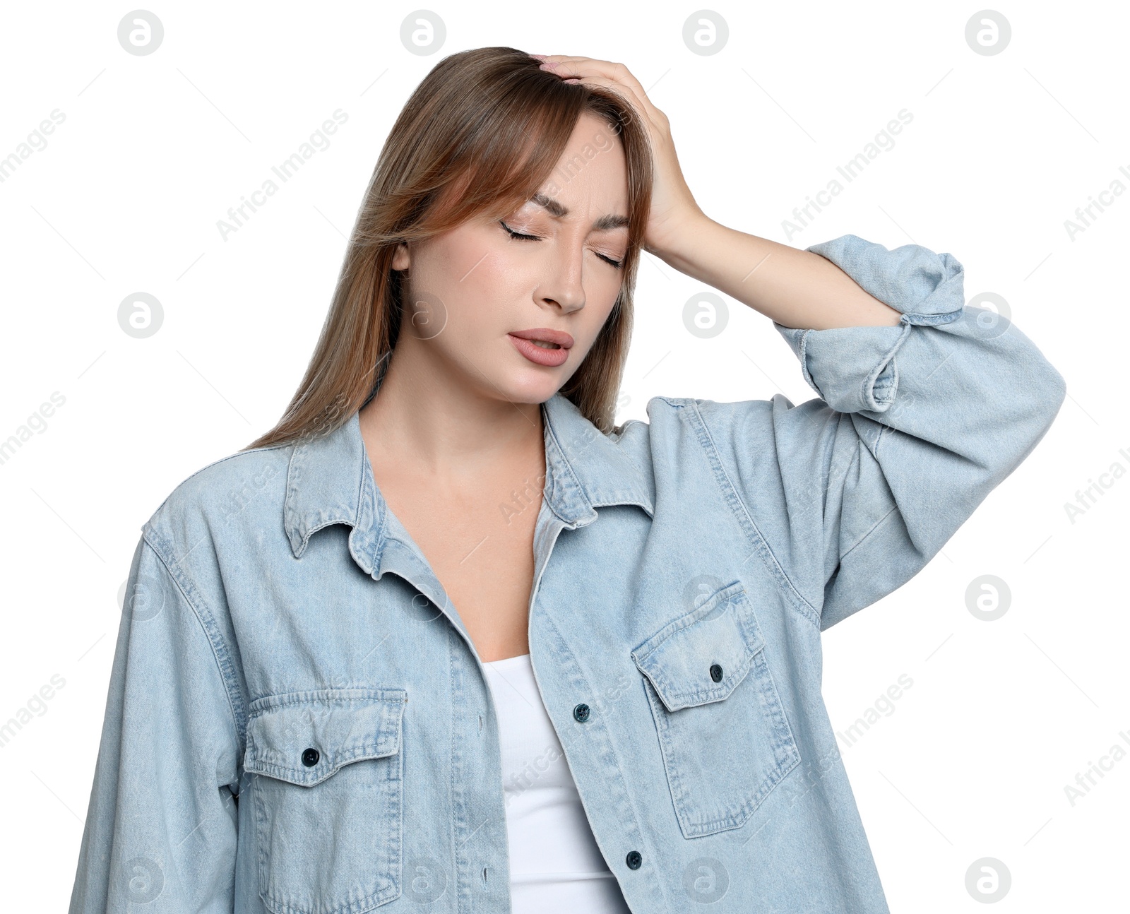 Photo of Young woman suffering from headache on white background