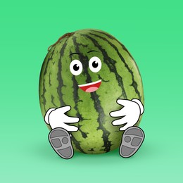 Creative artwork. Happy watermelon sitting on green background. Whole fruit with drawings