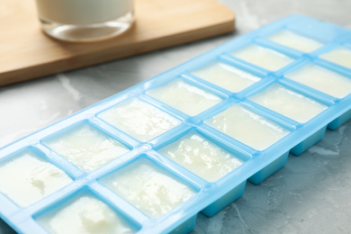Ice cube tray with frozen milk on grey table, closeup