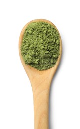 Photo of Spoon of green matcha powder isolated on white, top view