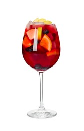 Photo of Glass of delicious Red Sangria cocktail isolated on white