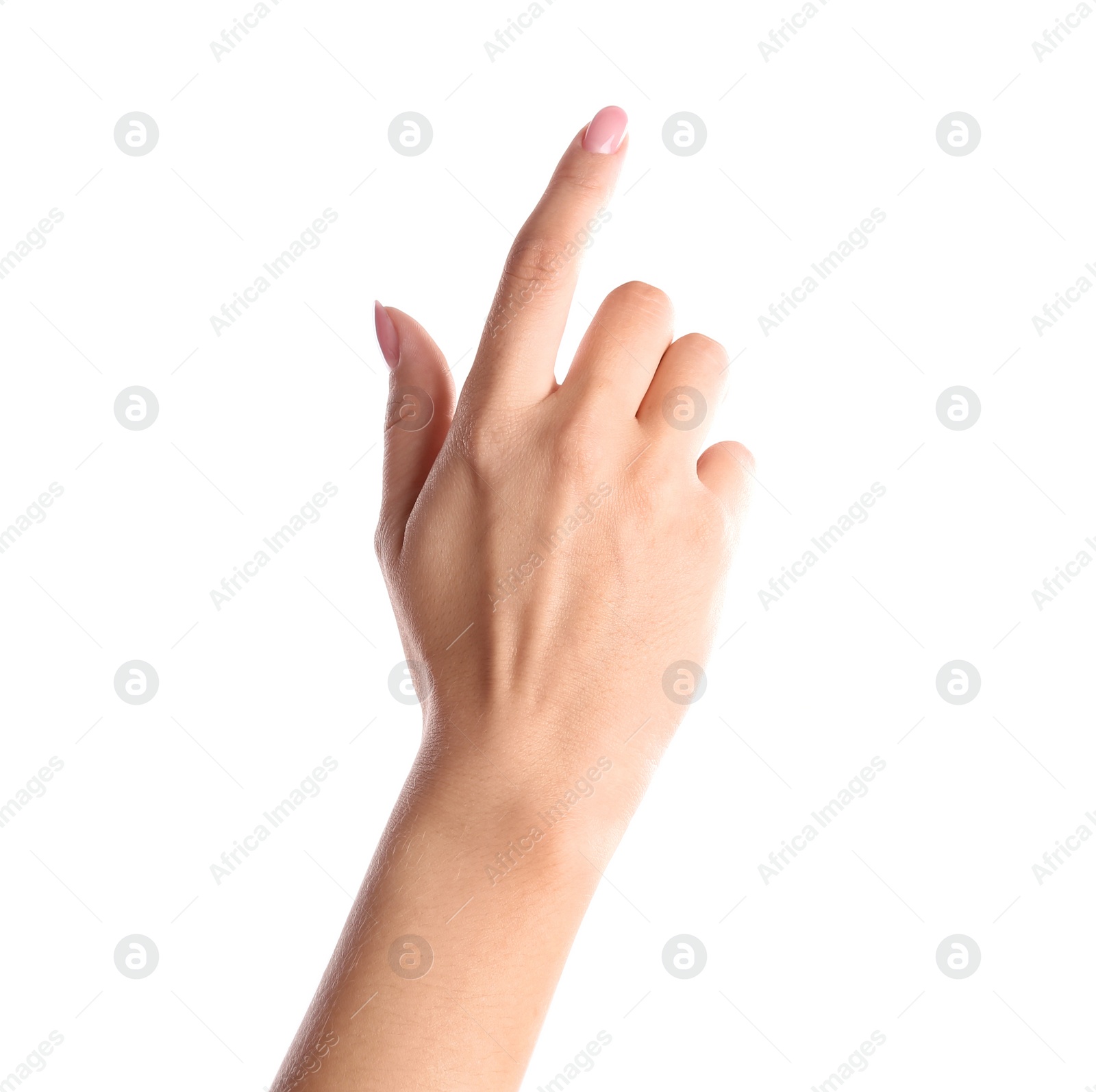 Photo of Woman pointing to something on white background, closeup