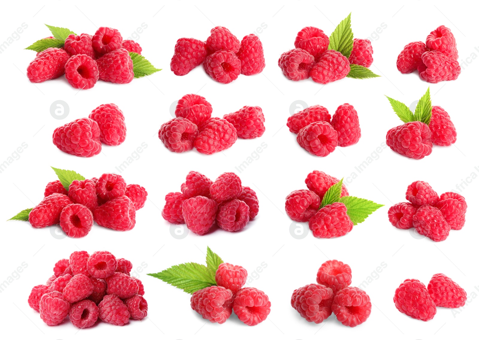 Image of Set of fresh ripe raspberries with green leaves on white background