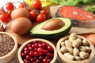 Many different healthy food on table, closeup