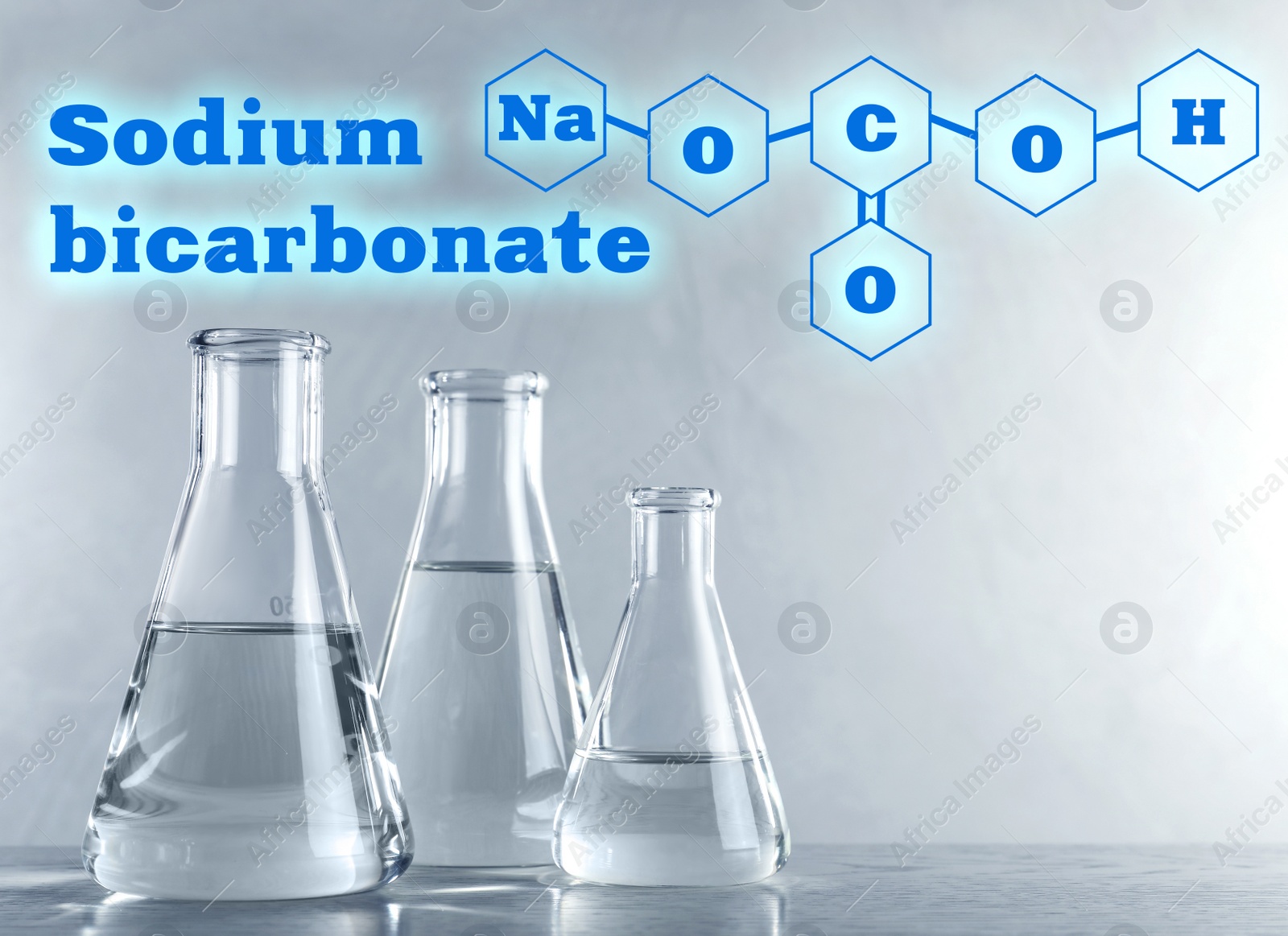 Image of Text Sodium bicarbonate with soda formula and laboratory glassware on background