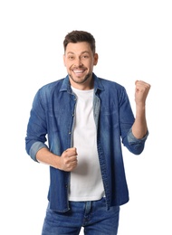 Photo of Portrait of emotional handsome man on white background