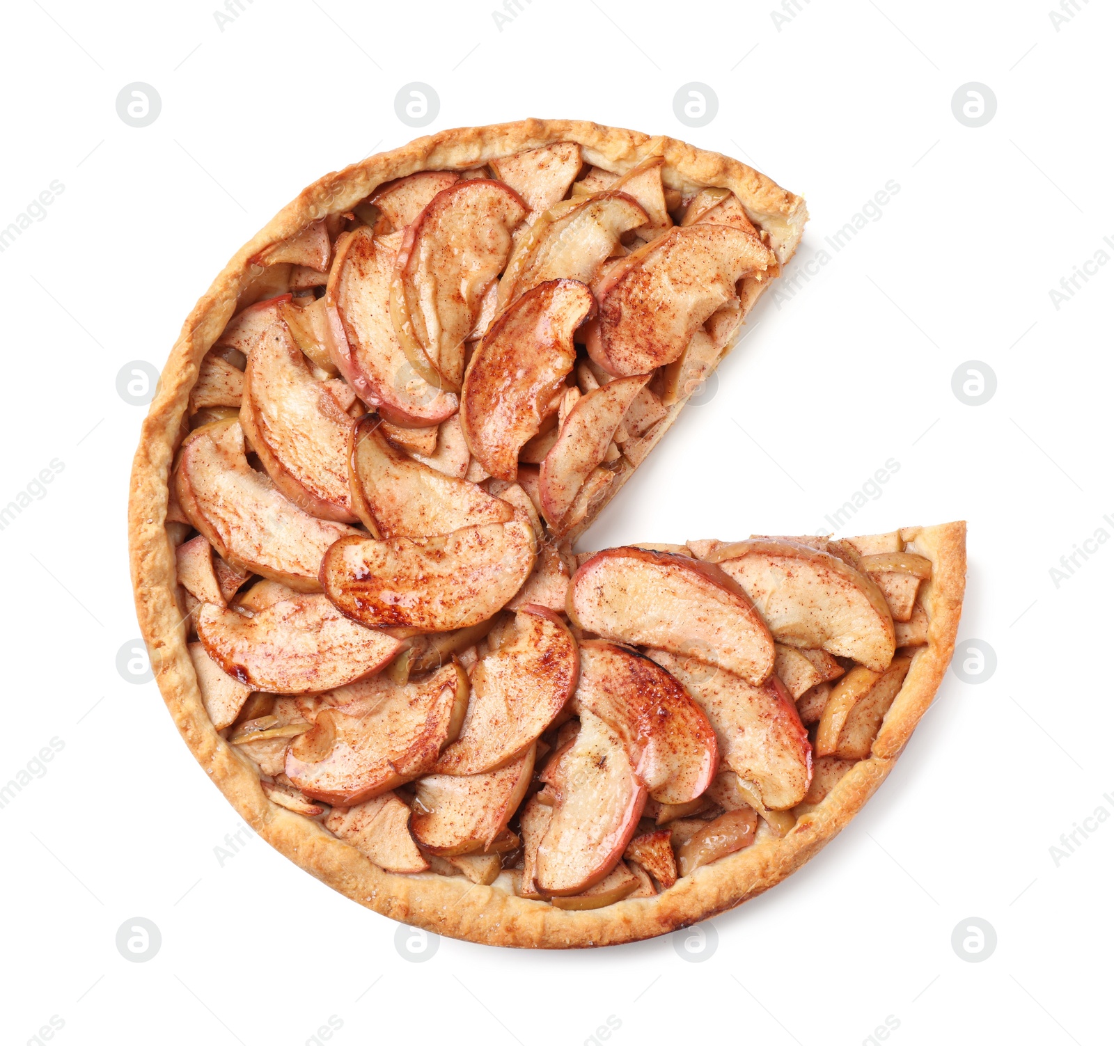 Photo of Sliced delicious apple pie isolated on white, top view