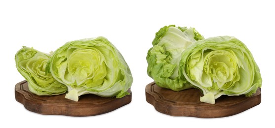 Image of Boards with fresh cut lettuce heads on white background