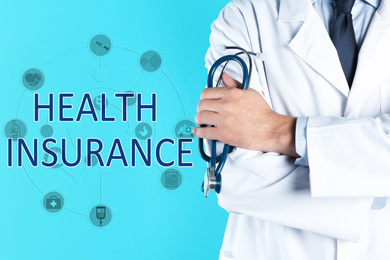 Image of Phrase Health Insurance, icons and doctor with stethoscope on blue background, closeup