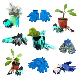 Set with different gardening tools and bright gloves on white background