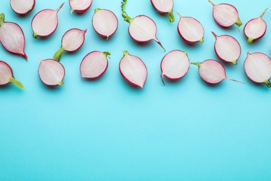 Fresh ripe radish on light blue background, flat lay. Space for text