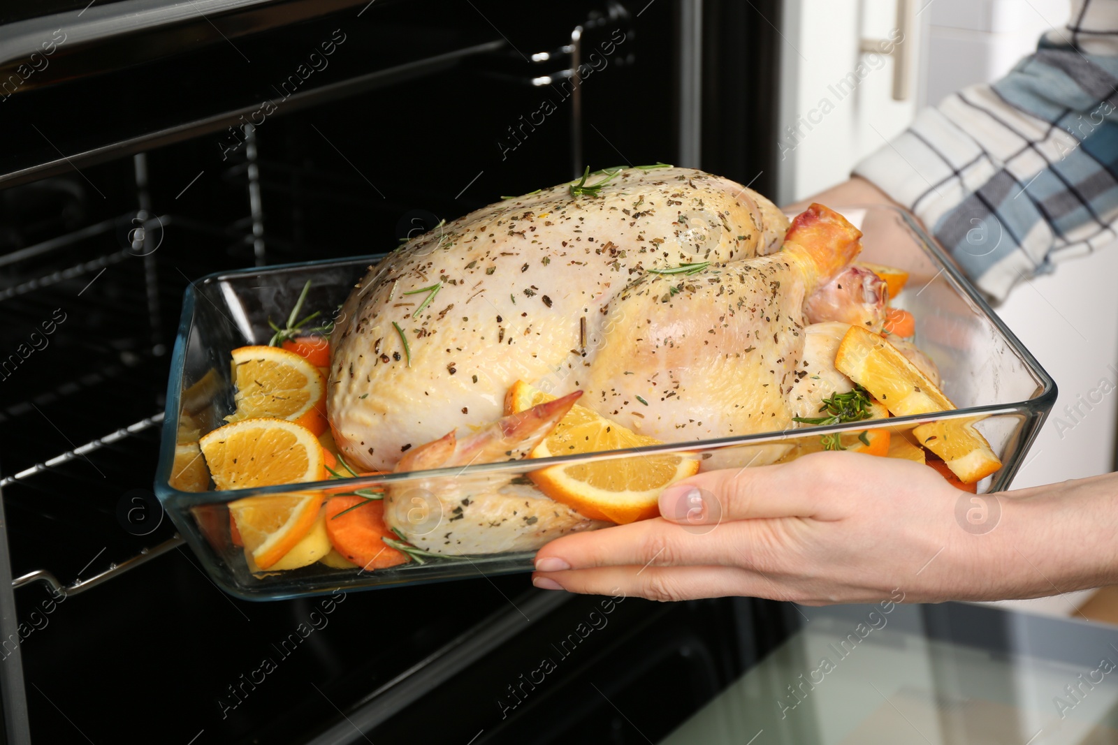 Photo of Woman putting raw chicken with orange slices into oven, closeup