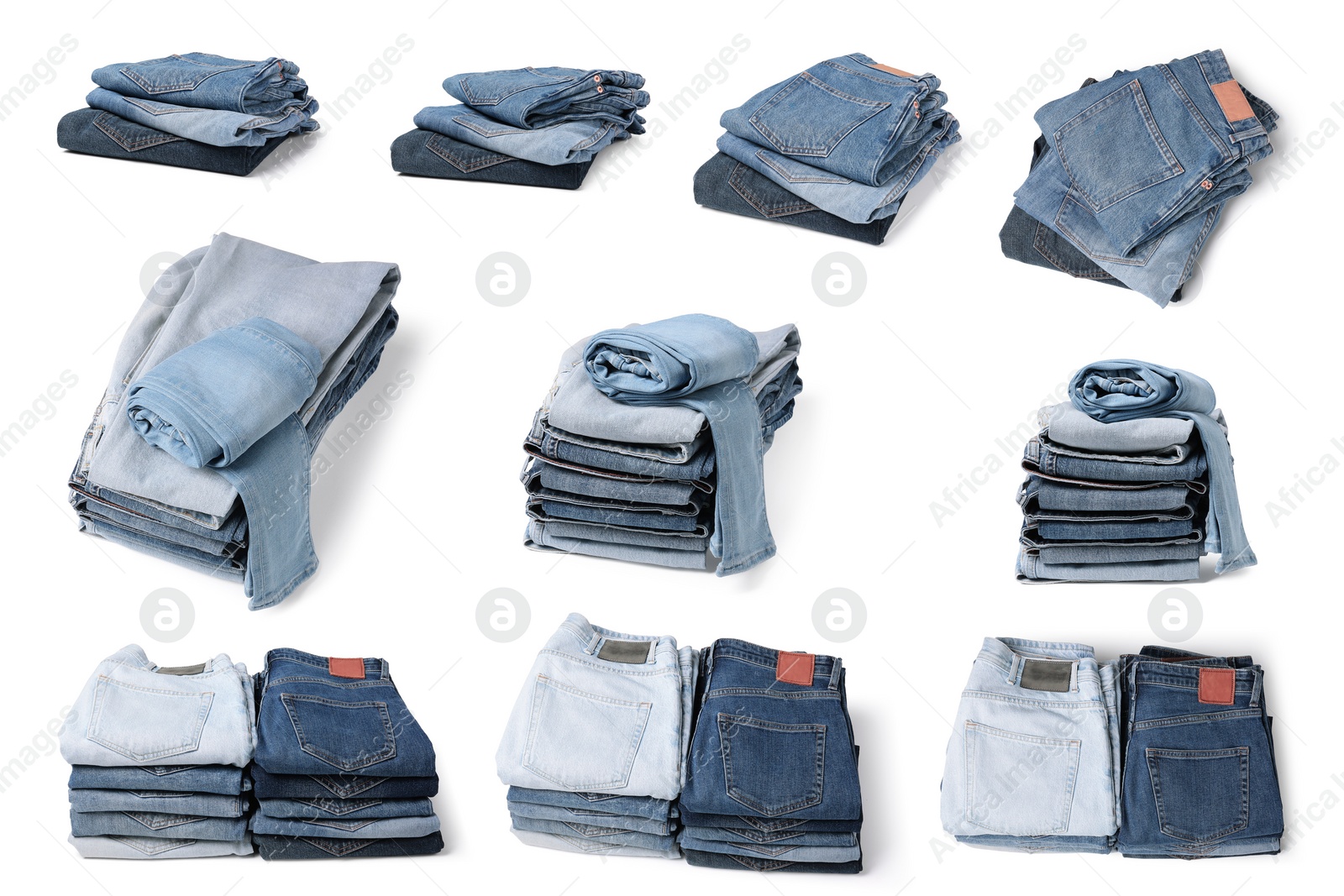 Image of Set with folded different jeans on white background