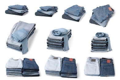 Set with folded different jeans on white background