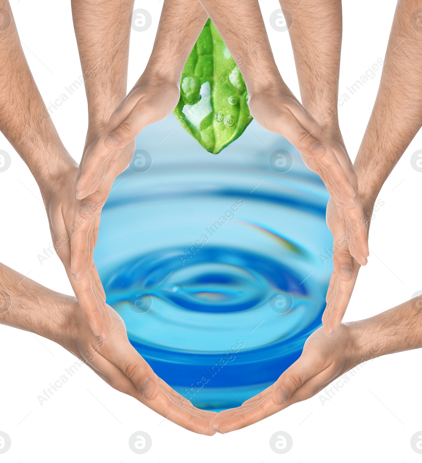 Image of Men forming water drop with their hands on white background. Ecology protection