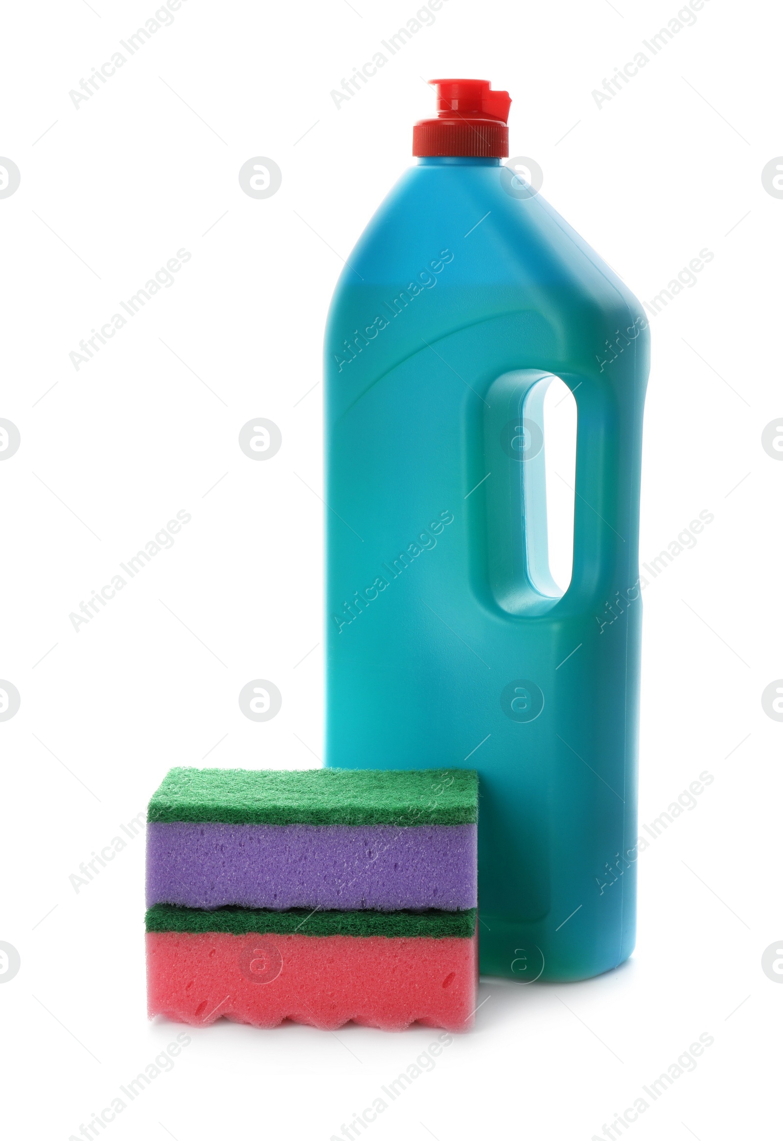 Photo of Bottle of detergent and cleaning sponges on white background