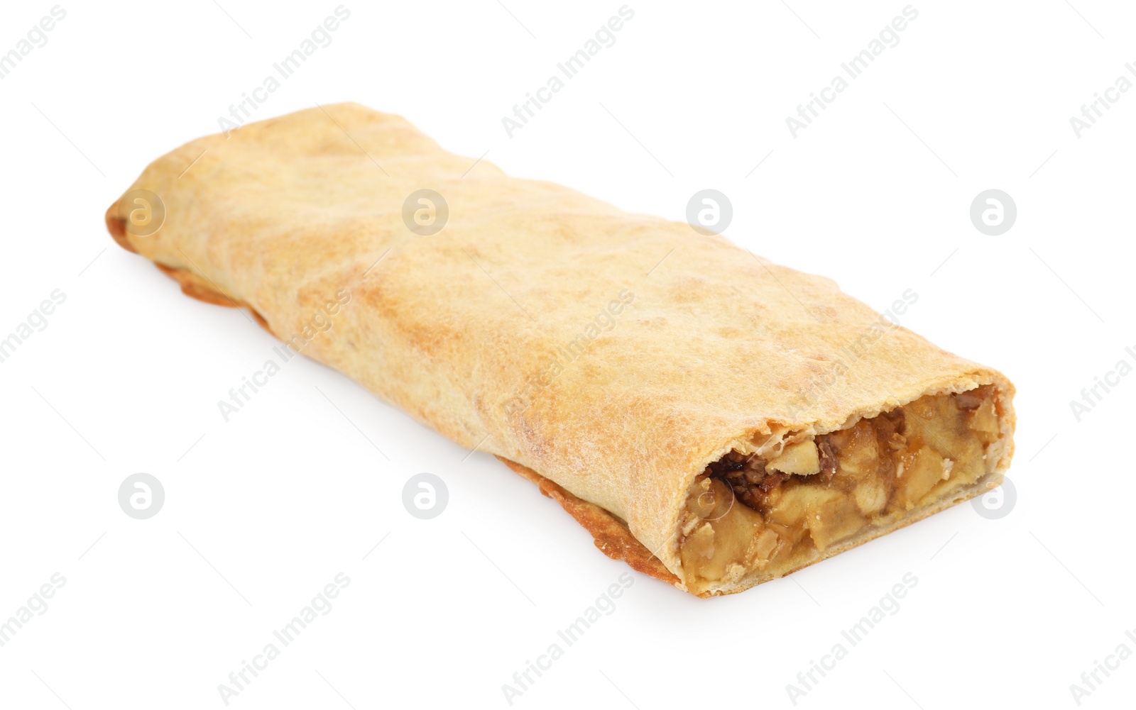 Photo of Delicious strudel with apples and nuts isolated on white