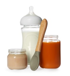 Photo of Healthy baby food and bottle of milk isolated on white