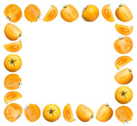 Frame made of fresh ripe yellow tomatoes on white background