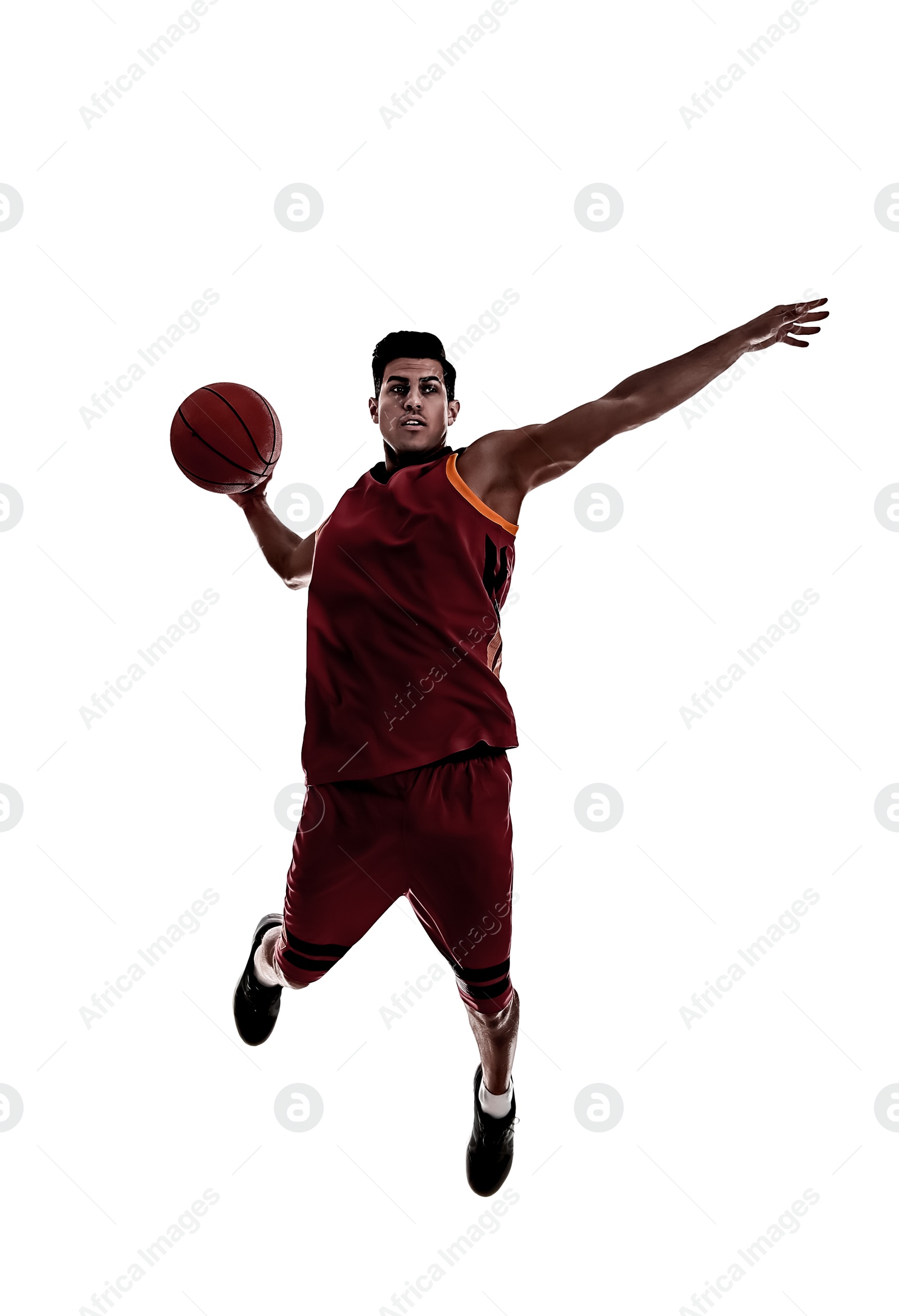 Image of Silhouette of professional sportsman playing basketball on white background