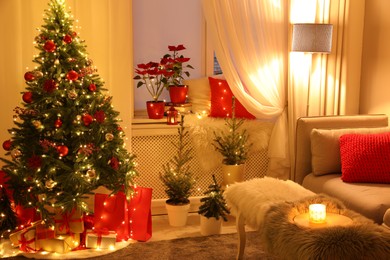 Living room with Christmas decorations. Festive interior design