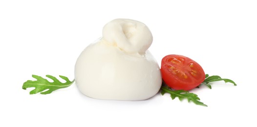 Delicious burrata cheese with arugula and tomato on white background