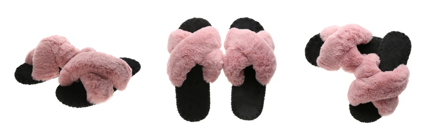 Image of Collage with fluffy slippers on white background. Banner design 